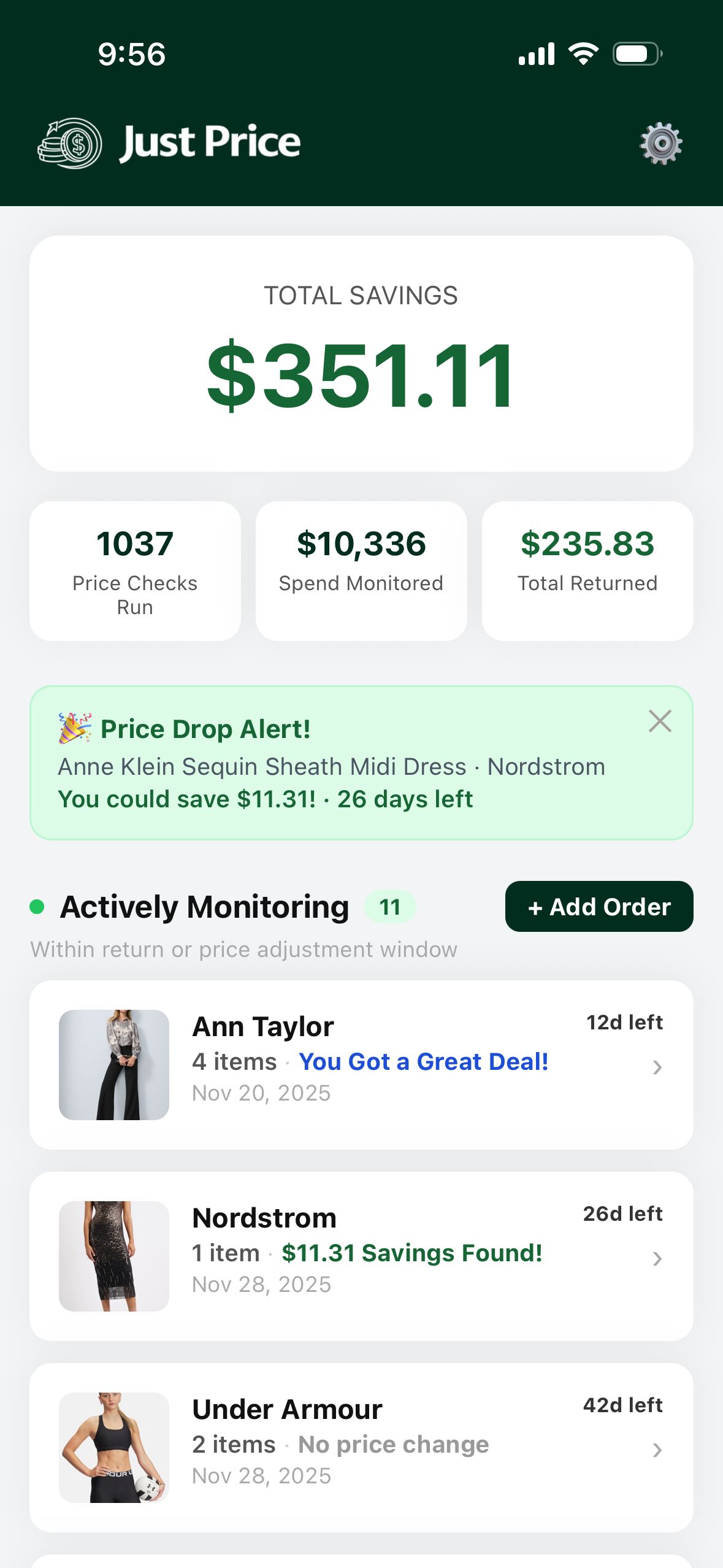 JustPrice app screenshot showing price drop alerts and savings dashboard